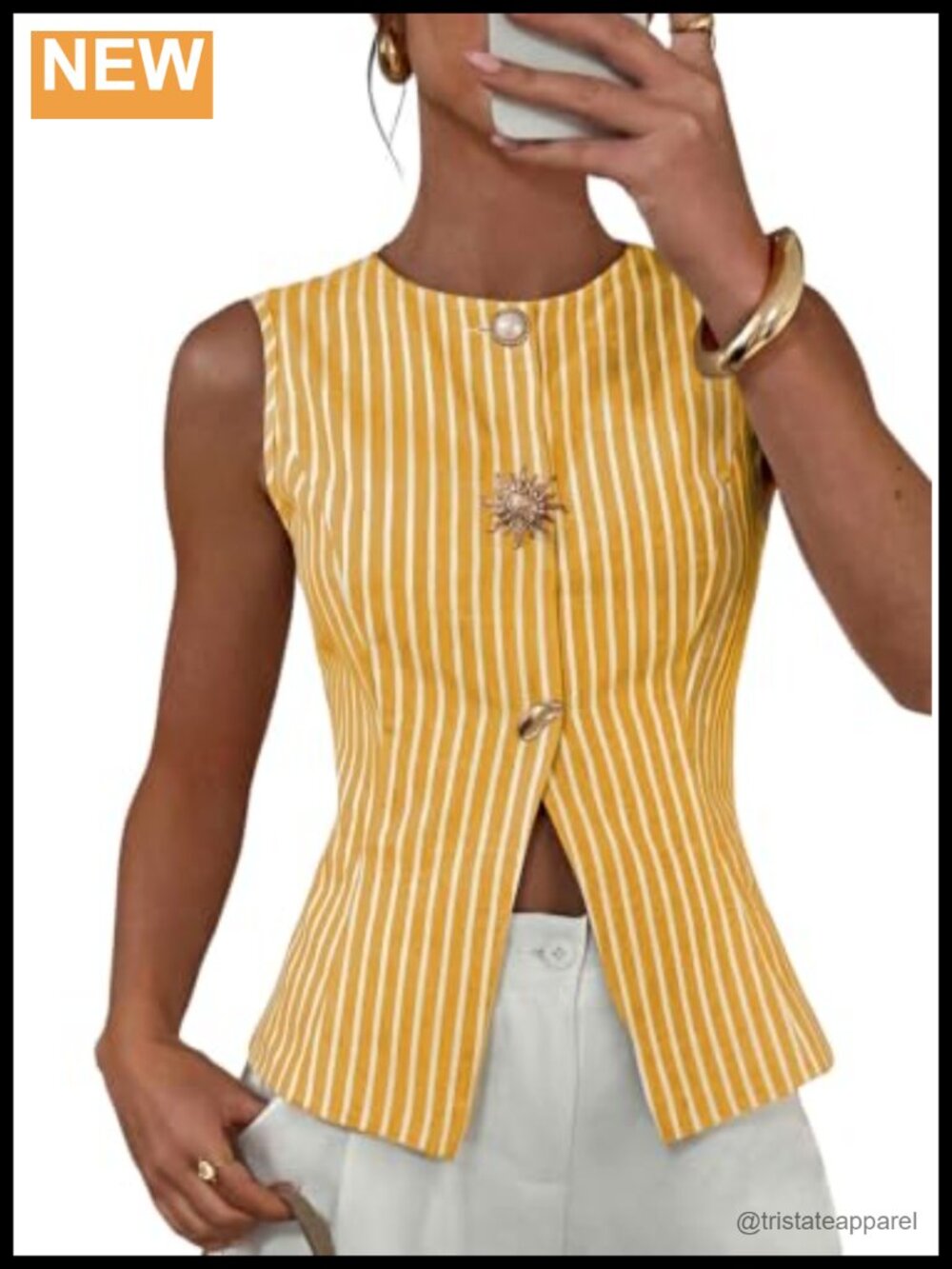 Sleeveless Waistcoat Vest Slim Fit Pearl Gold-Tone Brooch Round Neckline